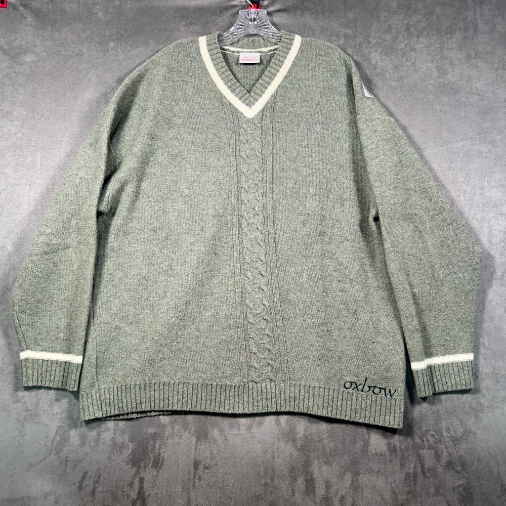 Vintage Oxbow Mens XL Green Wool Blend V-Neck Cable Knit Sweater Redlin Fredu